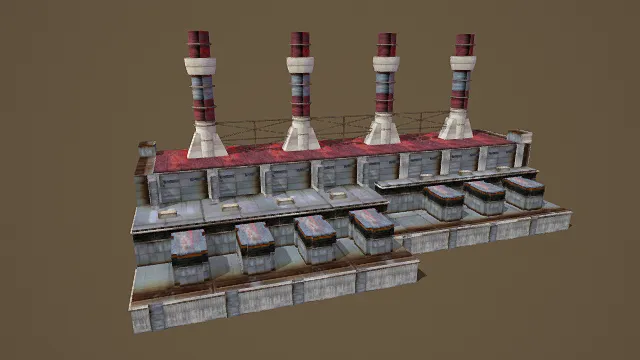 写实风格3D工业厂房模型，创意设计（写实工业厂房、3D模型、红白灰主色调、多烟囱结构、金属与混凝土质感）