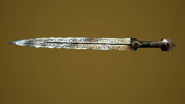 奇幻风格雕花宝剑3D模型，复古设计（雕花宝剑、奇幻风格、复杂纹理、金属质感、复古元素 ）