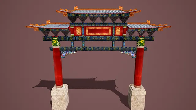 3D卡通风格中式牌坊模型，创意设计（3D物品、卡通风格、华丽喜庆，文化主题，物品元素）