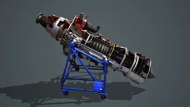 写实风格3D航空发动机模型，创意设计（写实航空发动机、3D模型、涡轮结构、蓝色支架、机械细节丰富）