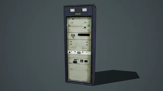 写实风格3D复古控制机柜模型,创意设计(写实复古控制机柜、3D模型、黑棕金属质感、多层面板结构、指示灯与按钮细节)