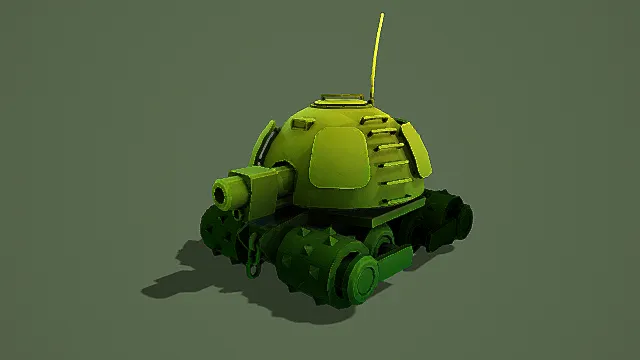 卡通风格绿色坦克3D模型,趣味设计(圆润造型、天线、履带细节、炮管 )