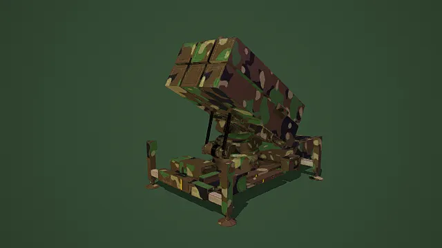 写实风格3D导弹发射装置模型,创意设计(写实导弹发射装置、3D模型、迷彩涂装、多枚导弹模块、机械支架结构、稳固底座)