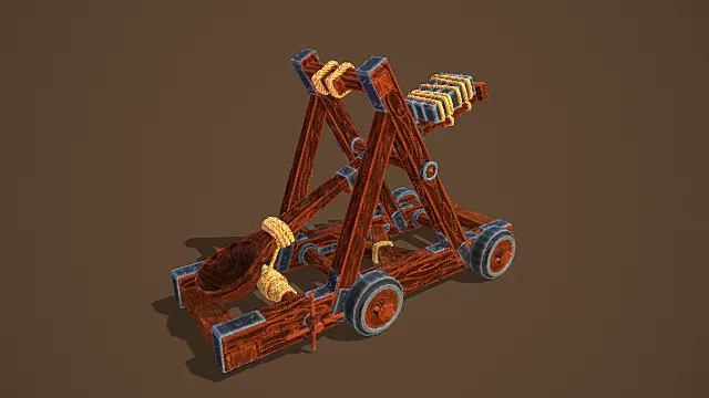 卡通风格3D投石车模型,创意设计(卡通投石车、3D模型、木质主体、绳索、蓝色装饰、灰色背景、独特造型 )