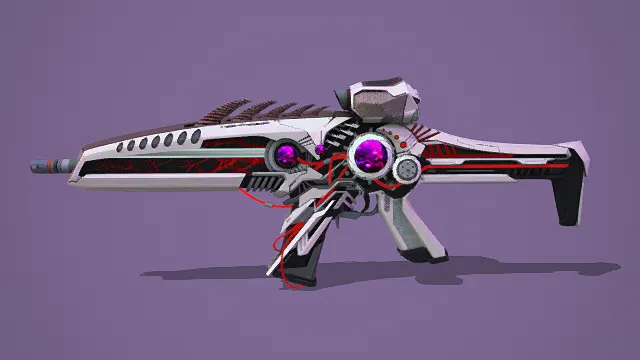 科幻风格3D未来枪械模型,创意设计(科幻未来枪械、白黑红配色、紫色发光能量核心、机械纹理、红色管线、流线型枪身)