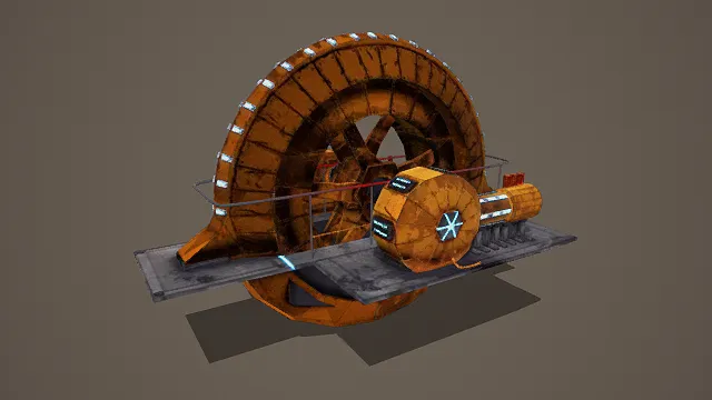 卡通风格3D科幻机械轮装置模型,创意设计(卡通科幻机械轮、3D模型、大型机械轮造型、锈蚀质感、蓝色发光细节、金属平台)