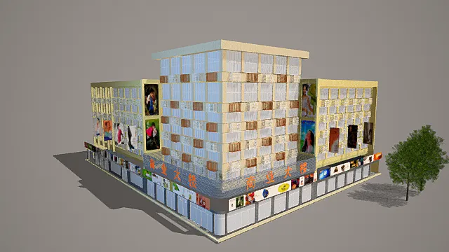 写实风格3D商业大楼模型,创意设计(写实商业大楼、多层建筑、彩色外观、广告牌、灰色背景、独特造型 )