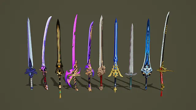 奇幻风格3D刀剑模型集合，创意设计（奇幻刀剑、3D模型、多把刀剑、多彩外观、独特造型、灰色背景 ）