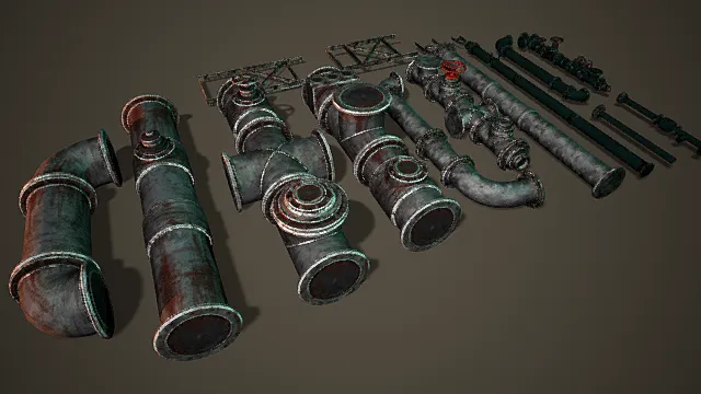 工业套装-旧生锈的机库管道3D工业设备模型