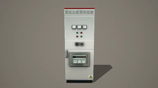 写实风格3D工业控制柜模型,创意设计(写实工业控制柜、3D模型、白红黑主色调、仪表与按钮、开关与小窗细节、警示标志)