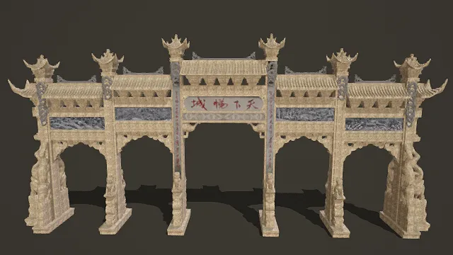 3D写实风中式牌坊模型，创意设计（3D物品、写实风格、古朴庄重，文化主题，物品元素）