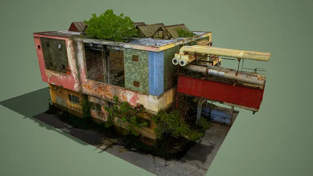 写实风格3D废弃工业建筑模型,创意设计(写实废弃工业建筑、3D模型、多彩斑驳色调、破损墙体与屋顶植被、管道与设备细节)