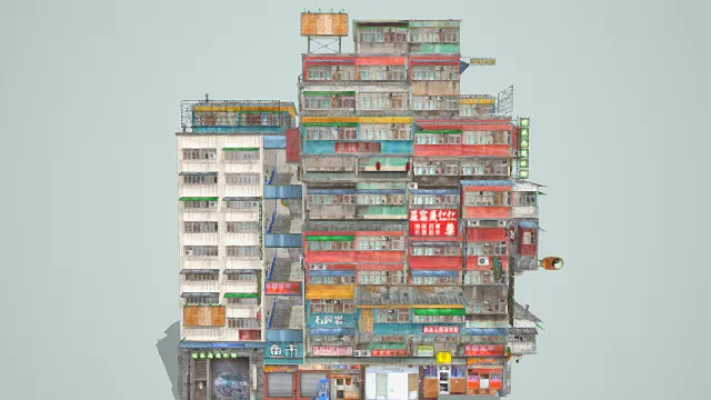 3D写实风密集彩色楼房模型，创意设计（3D建筑、写实风格、市井繁华，城市主题，物品元素）