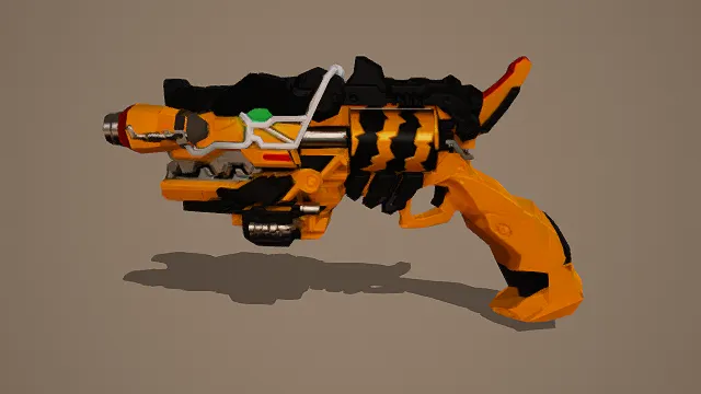 卡通风格3D科幻左轮手枪模型，创意设计（卡通科幻左轮手枪、3D模型、橙黑主色调、机械感枪身、发光细节、流线型结构）