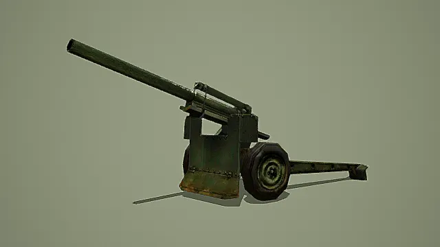 写实风格3D做旧火炮模型，创意设计（写实做旧火炮、3D模型、绿黑锈色主色调、带轮牵引式结构、长炮管、磨损锈蚀质感）