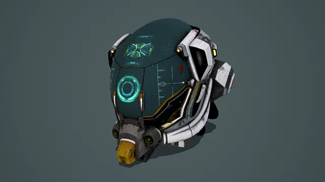 卡通风格3D科幻头盔模型,创意设计(卡通科幻头盔、3D模型、绿蓝白黄主色调、头盔造型、发光元件、科技感面板、机械结构)