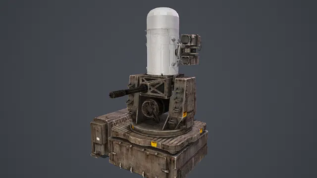 3D写实风格军用防空武器模型,创意设计(3D军用武器、写实风格、大型防空炮装置、硬核军事风、科技主题、写实设计感)