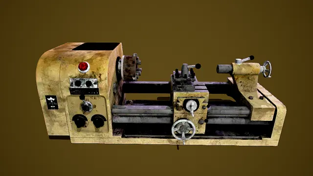 写实风格3D复古车床模型,创意设计(写实复古车床、3D模型、黄黑主色调、金属机械结构、操作旋钮与仪表细节)