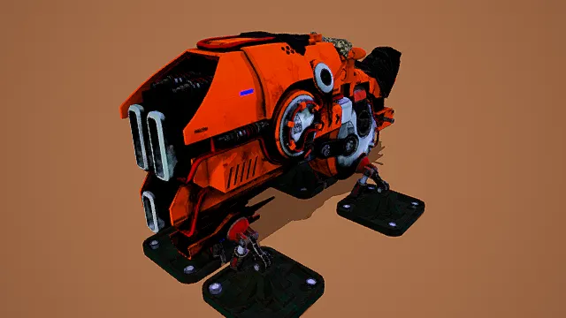 科幻风格3D机械载具模型,创意设计(科幻机械载具、复杂机械结构、圆形机械元件、双支撑底座)