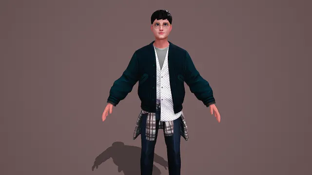 3D卡通风格男性角色模型，创意设计（3D角色、卡通风格、休闲时尚风，人物设计主题）
