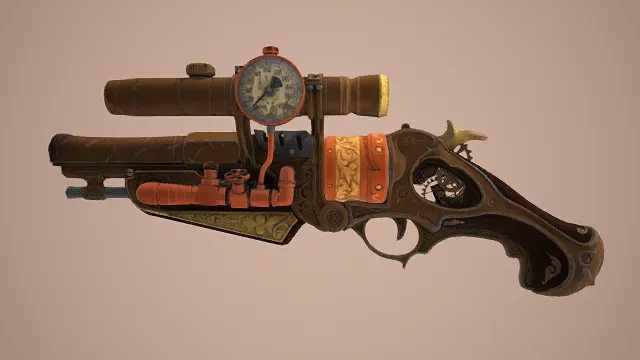 3D卡通风格棕橙金系蒸汽朋克手枪模型,创意设计(3D手枪、卡通风格、卡通蒸汽朋克风,武器设计主题)