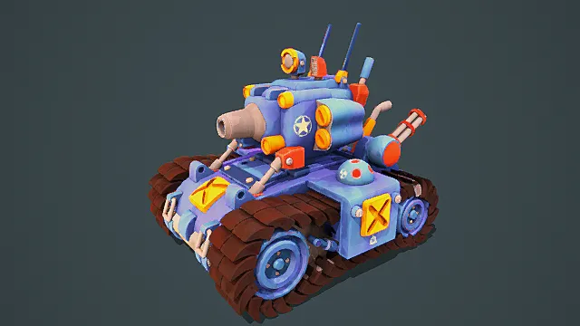 卡通风格3D坦克模型,创意设计(卡通坦克、3D模型、蓝色主体、多彩装饰、灰色背景、趣味造型 )