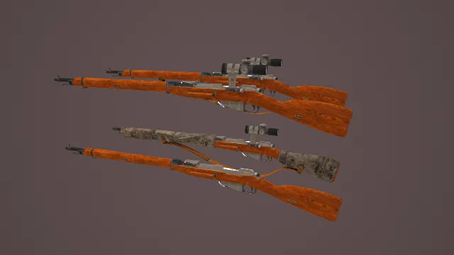 写实风格3D狙击步枪模型组,创意设计(写实狙击步枪模型组、橙木银灰主色调、木质枪身、金属部件、瞄准镜与伪装细节)