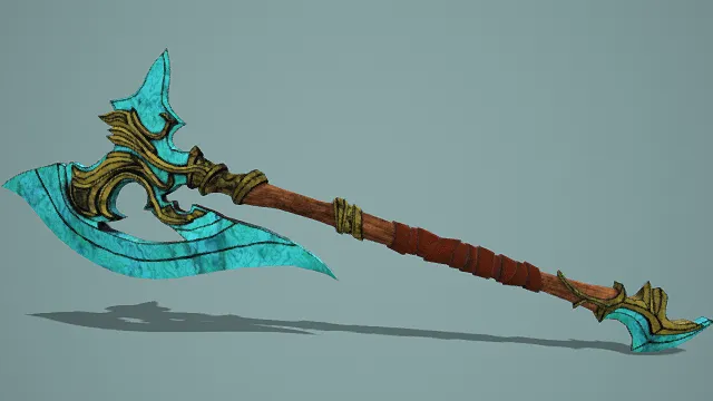 3D卡通风格奇幻战斧模型，创意设计（3D战斧、卡通风格、复古奇幻风，武器设计主题）