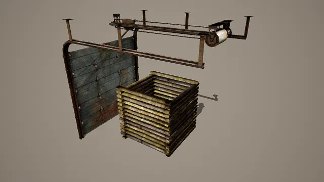 写实风格3D复古工业装置模型组,创意设计(写实复古工业装置、3D模型组、锈迹金属质感、机械框架结构、堆叠式容器)