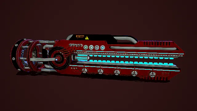 科幻风格红色轨道炮3D模型,蓝红配色带发光效果