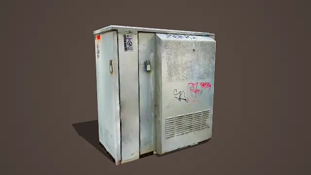 卡通风格3D复古金属电箱模型,创意设计(卡通复古金属电箱、3D模型、银灰主色调、电箱造型、双锁门、通风格栅、涂鸦装饰)