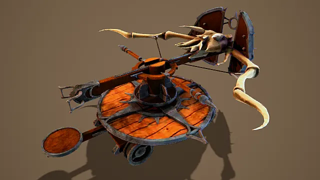 写实风格3D攻城弩模型,创意设计(写实攻城弩、3D模型、木质结构、兽骨装饰、金属部件、棕色背景、独特造型 )