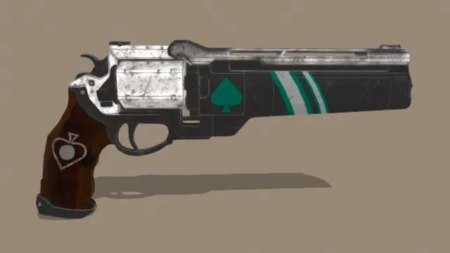 3D卡通风格黑银棕绿系扑克元素左轮手枪模型，创意设计（3D左轮手枪、卡通风格、卡通奇幻风，手枪设计主题）