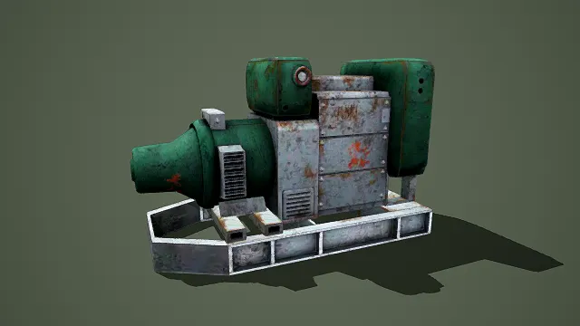 写实风格3D复古机械装置模型,创意设计(写实复古机械装置、3D模型、绿灰锈迹金属质感、多组件拼接结构)