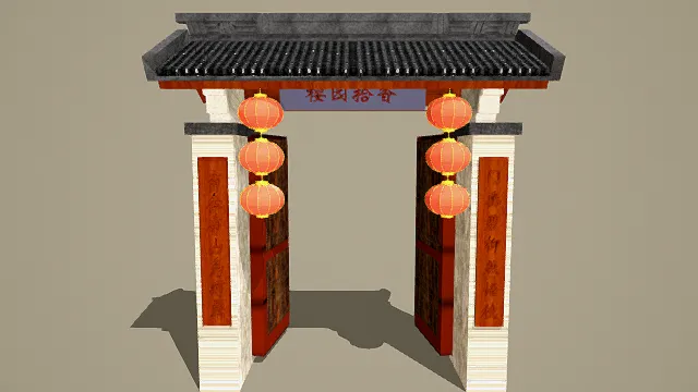 3D卡通风格中式院门模型，创意设计（3D物品、卡通风格、喜庆雅致，文化主题，物品元素）
