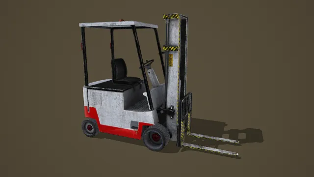 写实风格3D工业叉车模型,创意设计(写实工业叉车、3D模型、白红黑主色调、简易顶棚、座椅与操控部件、升降叉臂与警示细节)