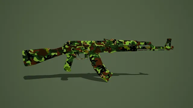 写实风格3D迷彩AK47步枪模型，创意设计（写实迷彩AK47步枪、3D模型、绿棕迷彩色调、经典步枪结构、迷彩涂装细节）
