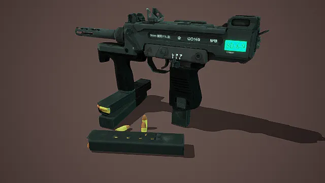 科幻风格绿色枪械3D模型,带弹匣与发光部件