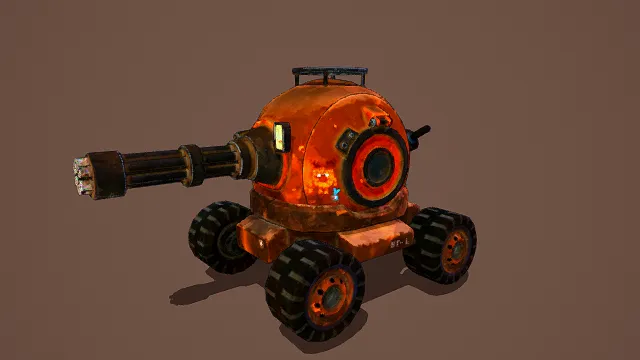 科幻风格3D战斗机器人模型,创意设计(科幻战斗机器人、3D模型、橙色主体、多管炮、黑色轮胎、灰色背景、独特造型 )