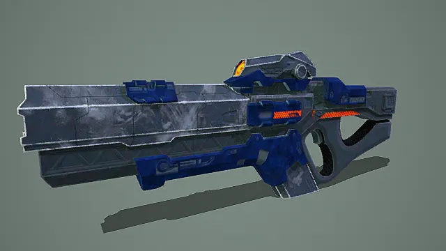 科幻风格3D重型枪械模型,创意设计(科幻重型枪械、3D模型、蓝灰主体、红色细节、瞄准装置、灰色背景、独特造型 )