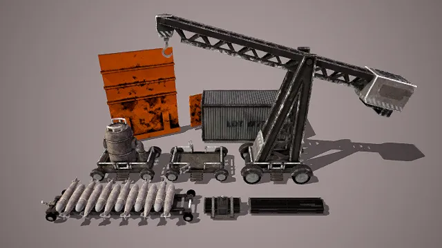 写实风格3D工业仓储设备模型组,创意设计(写实工业仓储设备模型组、黑橙灰主色调、起重机与集装箱、金属罐与弹药细节)