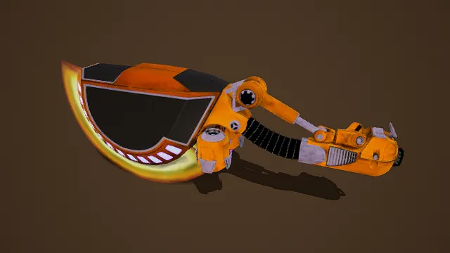 卡通风格3D科幻机械臂模型,创意设计(卡通科幻机械臂、机械臂造型、发光弧形结构、关节齿轮、伸缩软管)