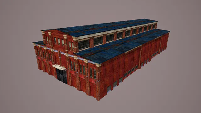   写实风格3D工业建筑模型，创意设计（写实工业建筑、3D模型、红棕蓝主色调、砖结构墙体、深色屋顶）