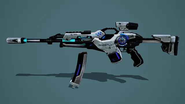 科幻风格3D未来枪械模型,创意设计(科幻未来枪械、蓝紫发光部件、“GHOST”文字标识、机械纹理细节、独特弹匣造型)