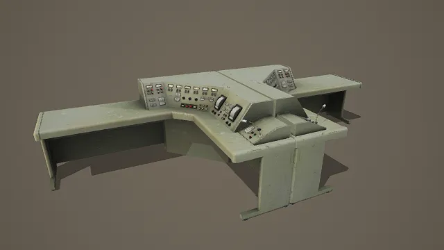 写实风格3D复古控制台模型,创意设计(写实复古控制台、多模块操控面板、仪表与按钮细节)