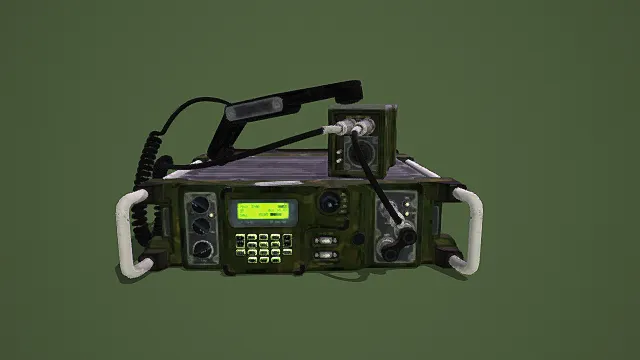 写实风格3D军用通讯设备模型,创意设计(写实军用通讯设备、3D模型、迷彩外观、手柄话筒、显示屏、绿色背景、独特造型 )