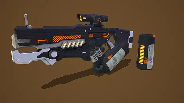 科幻风格3D重型枪械模型,创意设计(科幻重型枪械、3D模型、黑橙配色、瞄准装置、附加组件、棕色背景、独特造型 )