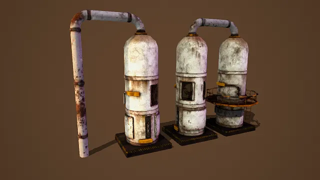 写实风格3D工业储罐模型组,创意设计(写实工业储罐、3D模型、灰白做旧罐体、锈蚀痕迹、连接管道、黄色部件装饰、黑色底座)