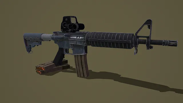 写实风格3D军用枪械模型,创意设计(写实军用枪械、3D模型、经典造型、瞄准镜、弹夹、绿色背景、独特细节 )