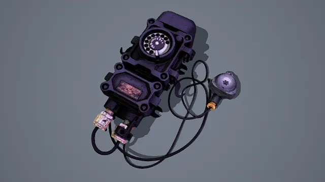 写实风格3D复古工业通讯装置模型,创意设计(写实复古工业通讯装置、拨号盘与线缆结构、听筒与接口细节)